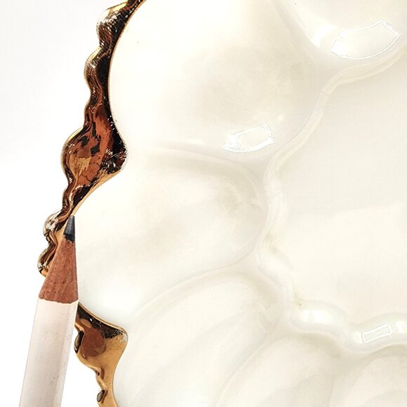 Anchor Hocking Milk Glass Divided Relish Tray And Deviled Egg Plate Gold Trim - Picture 10 of 10